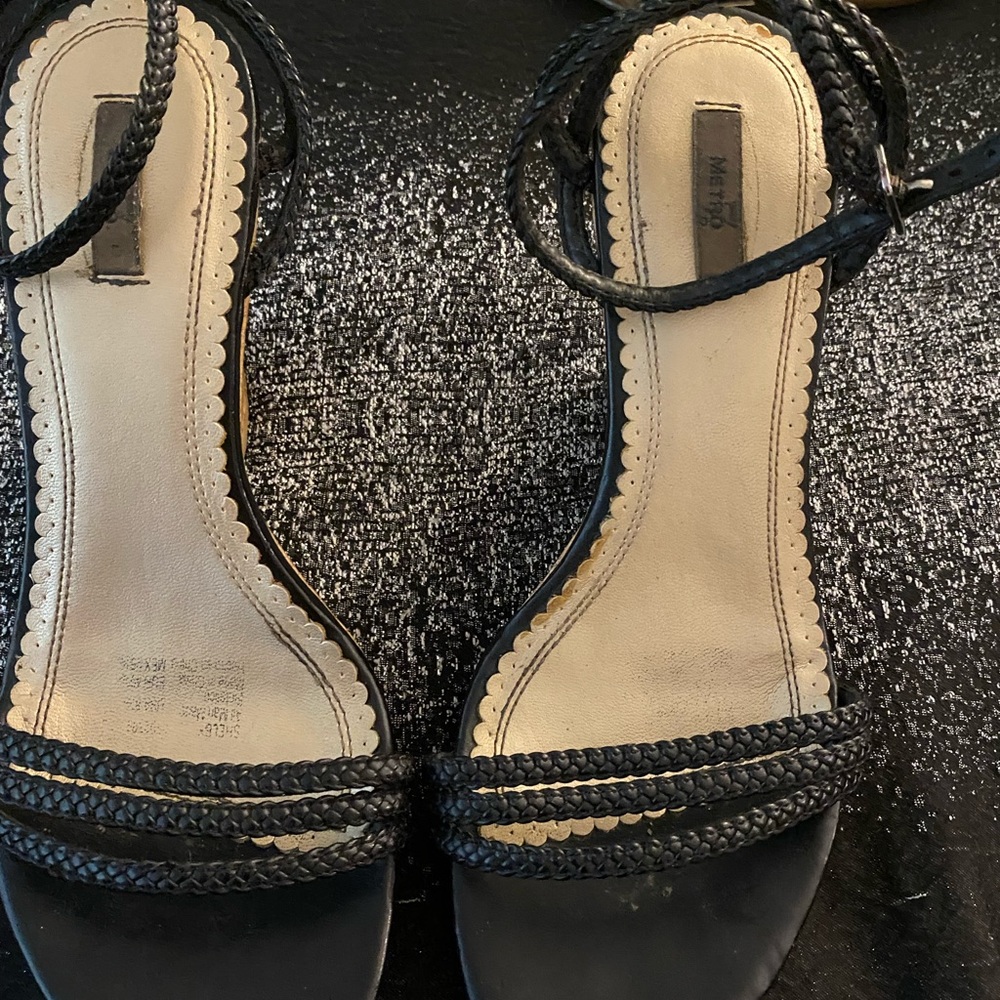 Black braided strappy wedge sandal